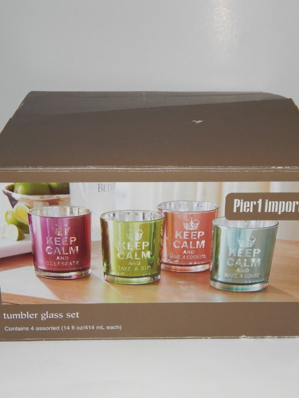 Pier 1 One Imports Keep Calm And... Colored Tumblers Set of 4 14oz Glasses - NIB